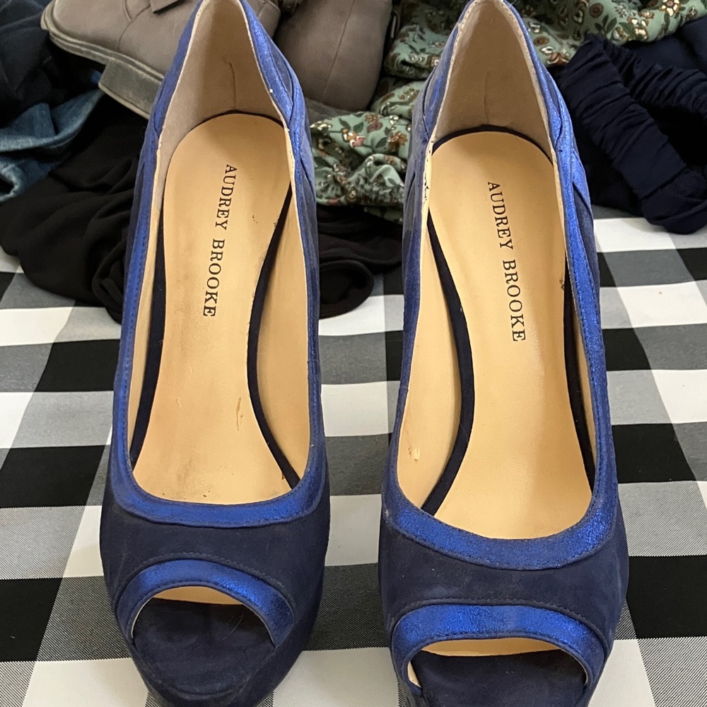 Audrey Brooke Deep Blue Peep Toe Heels